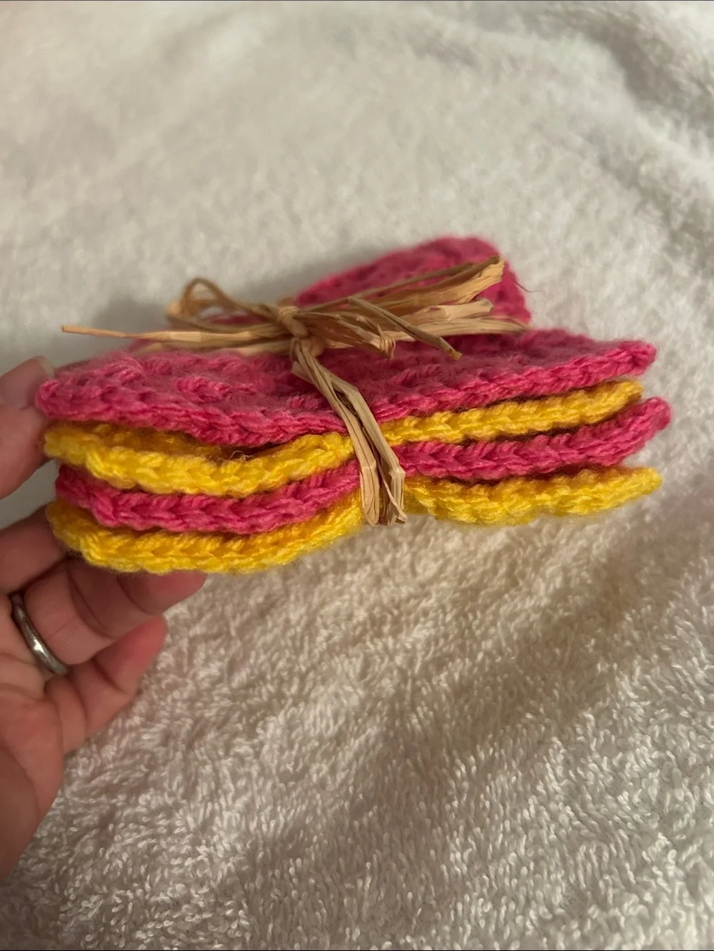 Handmade Pink and Yellow Crocheted coaster set of 4